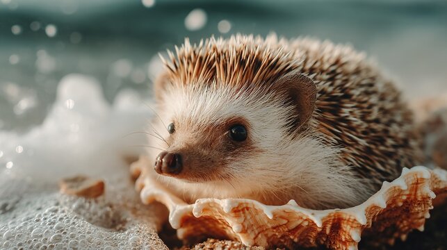   A close-up photo of a tiny hedge perched on a sandy background with a seashell positioned in front