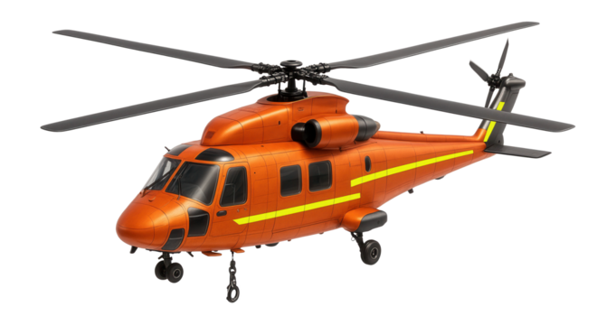 Rescue helicopter with dual rotors and external winch