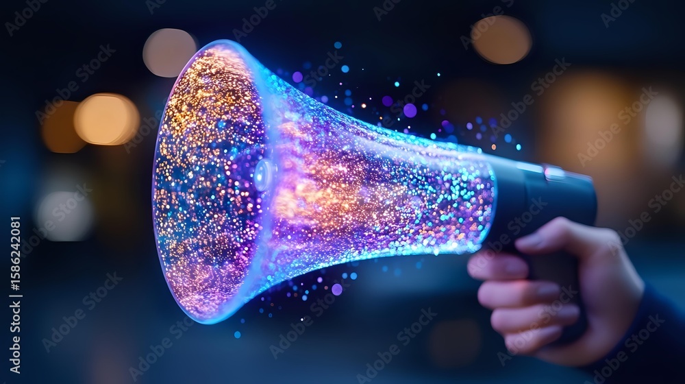 Poster glowing megaphone emitting magical sparkles and colorful light particles against dark background wit