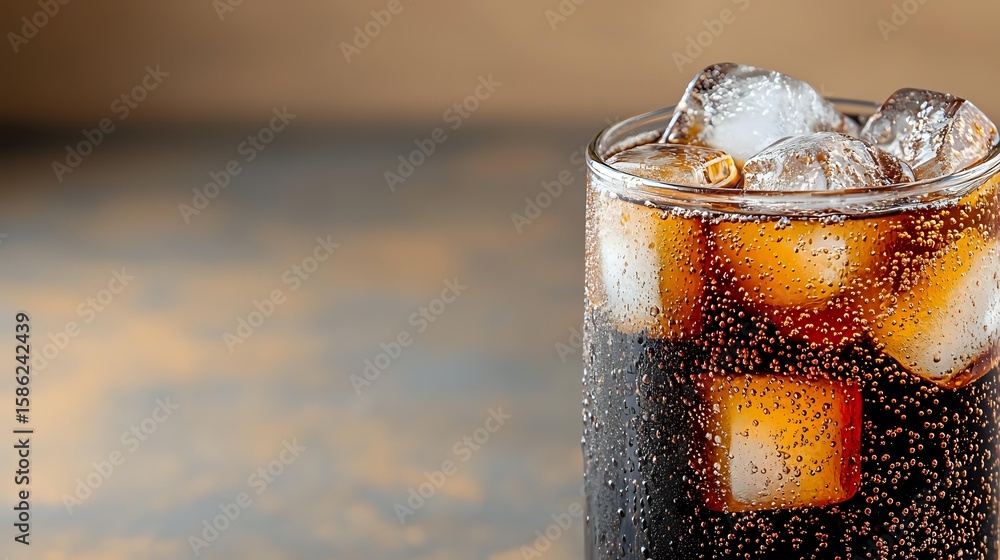 Poster refreshing cola drink with ice cubes in tall glass showing condensation droplets on dark background.