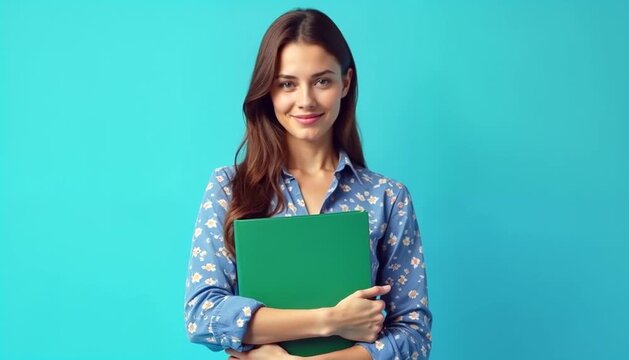 Young woman smiles holding a green folder, ready for editing on any video screen project.