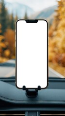 Modern smartphone in car air conditioner holder with blank screen, ideal for mobile app or website mockup with blurred traffic outside