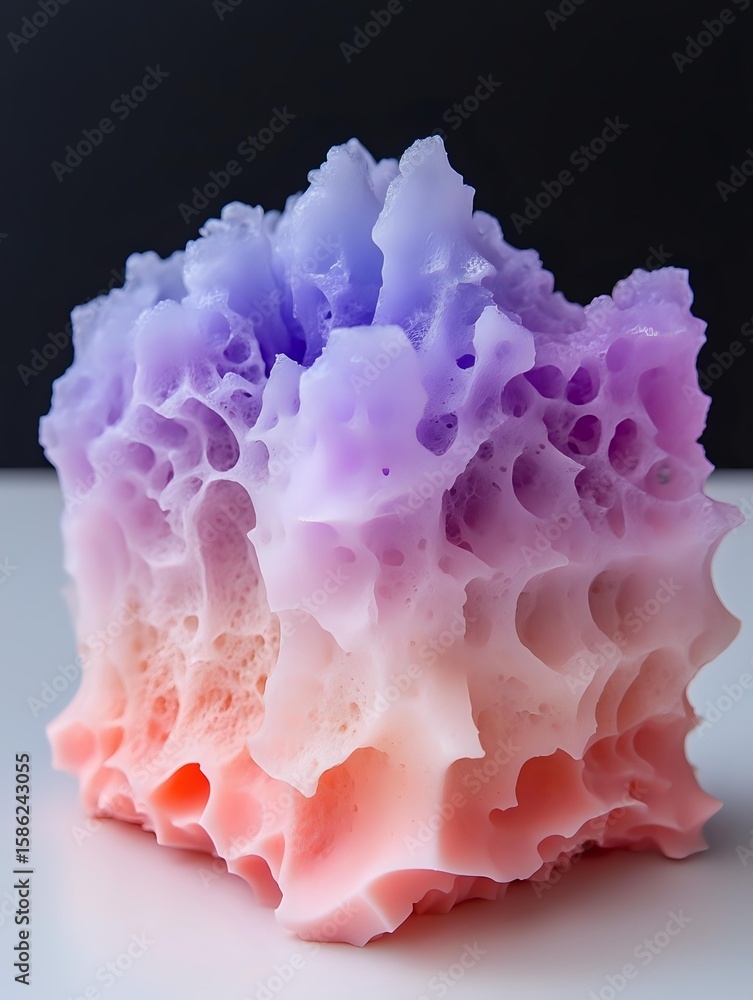 Aufkleber macro shot of colorful foam cube with gradient texture from coral pink to purple, featuring intricat