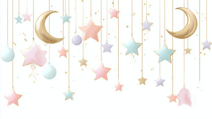 Hanging birthday decor with stars and crescent moons, soft pastel tones, transparent background