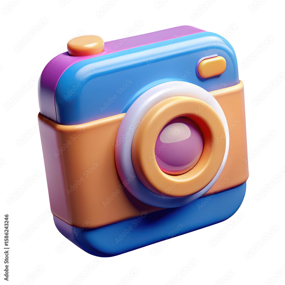 Poster vibrant 3d rendered retro camera with playful colors and a glossy lens isolated on transparent backg