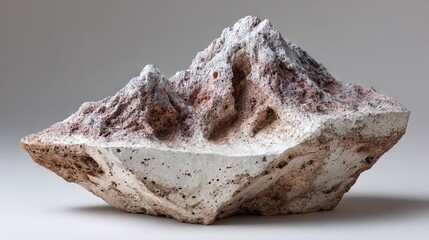   A brown and white rock sits atop a white table beside a monochrome photo of a mountain