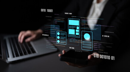 UI UX mockup showing application layout, structure, and code interface. UI design defines user...