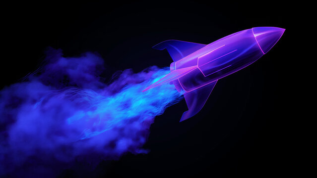Neon rocket blasting off with blue smoke trail. Future technology concept.