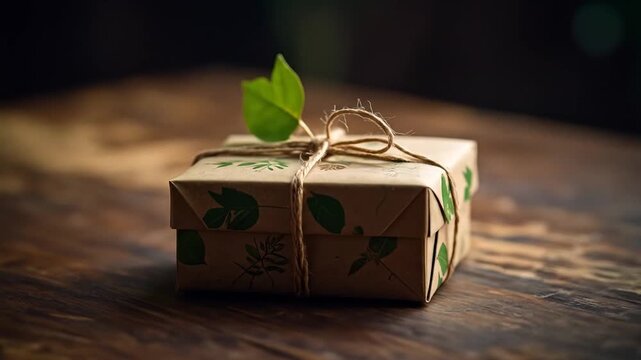 A gift box, eco-friendly, decorated with leaf prints and a natural twine bow, adorned with a real leaf on top. Set on a wood table