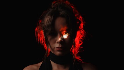 Portrait of a woman with fire projection on her face