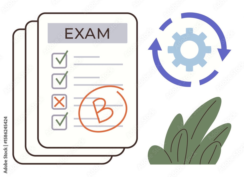 Poster stack of exam sheets with marked answers, gear with arrows symbolizing processes, and leaves indicat