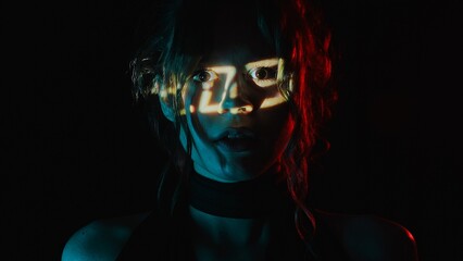 Portrait of a woman with a digital watch counting time on her face.