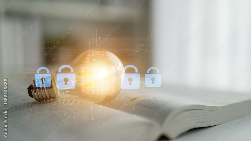 Poster digital security concept illustrating a cybersecurity breach, with a red unlocked padlock indicating