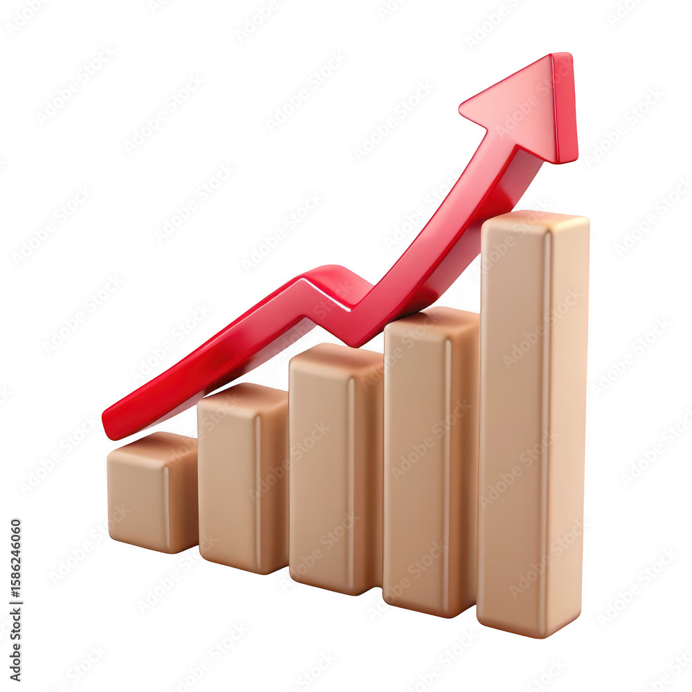 Aufkleber 3d rendering of a rising red arrow over a bar chart representing financial growth and upward trend i