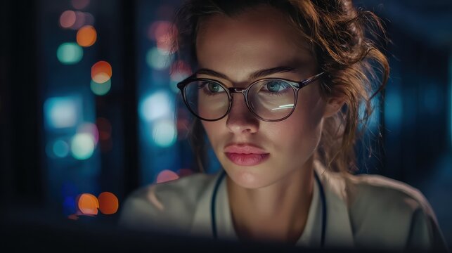 A female engineer in glasses is focused on a computer screen, working on nighttime cybersecurity maintenance and networking in a data center.