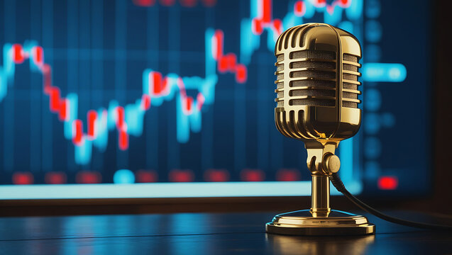 Golden vintage microphone on a desk with a financial stock market chart on the background. Concept for podcast, broadcast, business news, and investment analysis.
