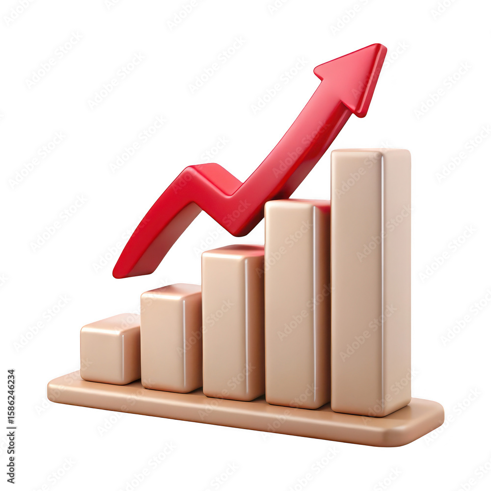 Poster 3d rendering of a financial bar chart with a rising red arrow indicating growth and success isolated