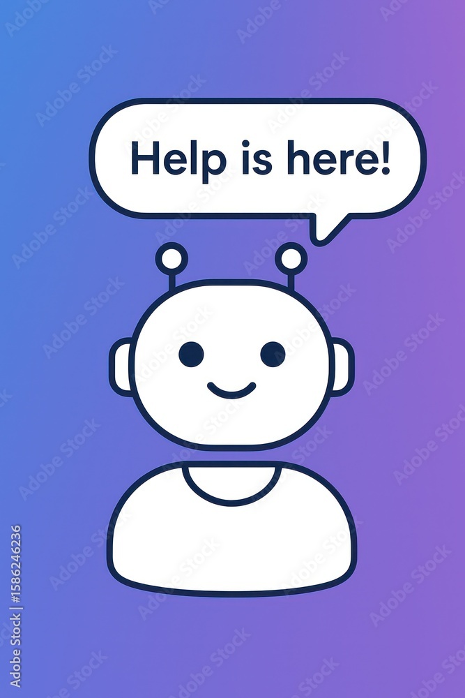 Poster a charming cartoon robot cheerfully offers support, symbolizing readily available assistance and gui
