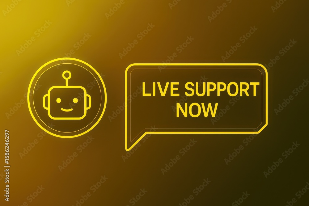 Poster a stylized graphic of a chatbot icon beside a text bubble displaying live support now, representing 