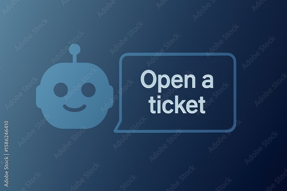 Poster a digital chatbot assistant with a speech bubble indicating the prompt to open a support ticket. cus