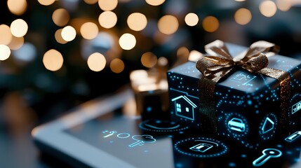 Glowing smart home control panel with gift box wrapped in ribbon against blurred Christmas lights background, modern holiday technology concept.