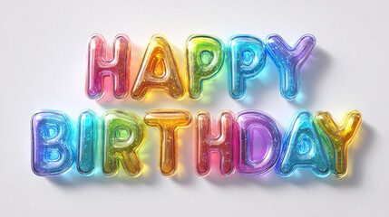 Happy Birthday" in 3D bubble letters with rainbow colors and shadows, transparent background