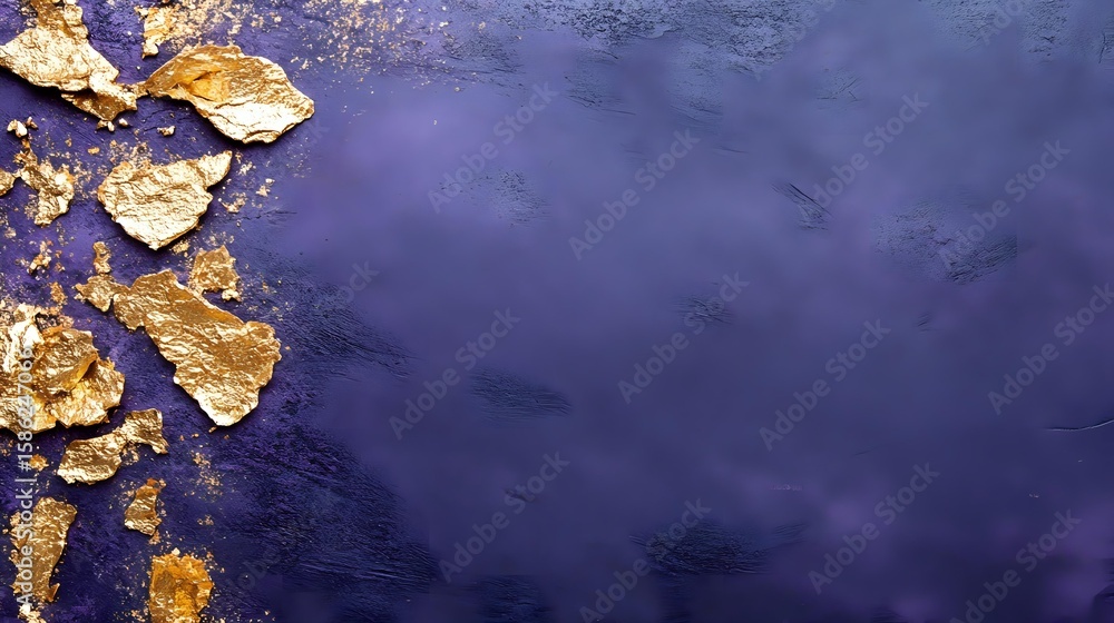Aufkleber luxurious dark purple textured background with scattered gold leaf flakes creating elegant border co