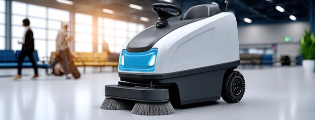 Fototapeta premium Professional floor cleaning machine operates in busy airport terminal while travelers pass by on a clean surface