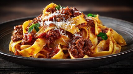 Fototapeta premium Rich slow-cooked beef ragu generously coating pappardelle pasta classic Italian food dish