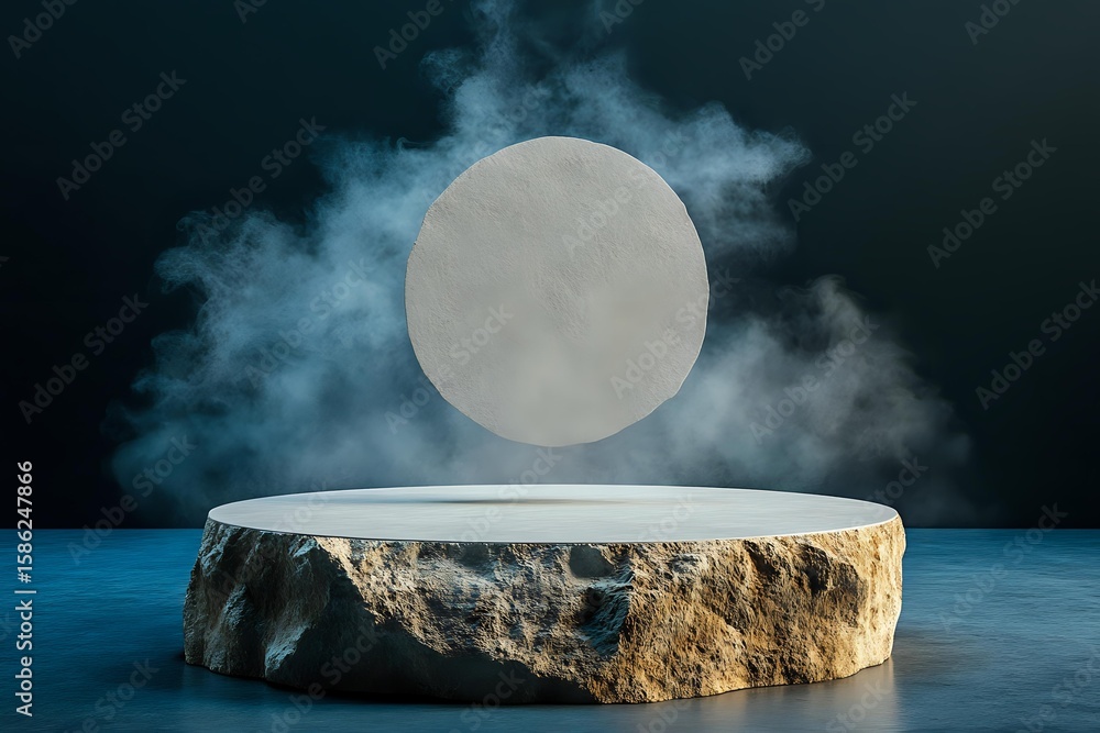 Aufkleber mystical stone podium with floating moon sphere and ethereal smoke against dark background, creating