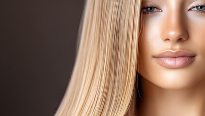 Naklejka premium Young woman with straight blonde hair and natural makeup showing flawless glowing skin and full lips against brown background, beauty portrait closeup.