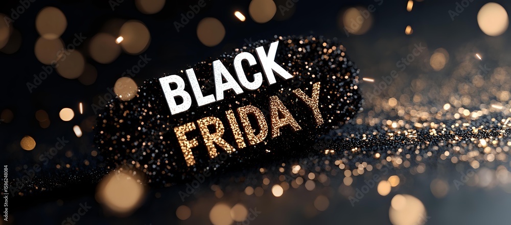 Poster black friday text in gold and white glitter letters on dark background with blurred bokeh lights and