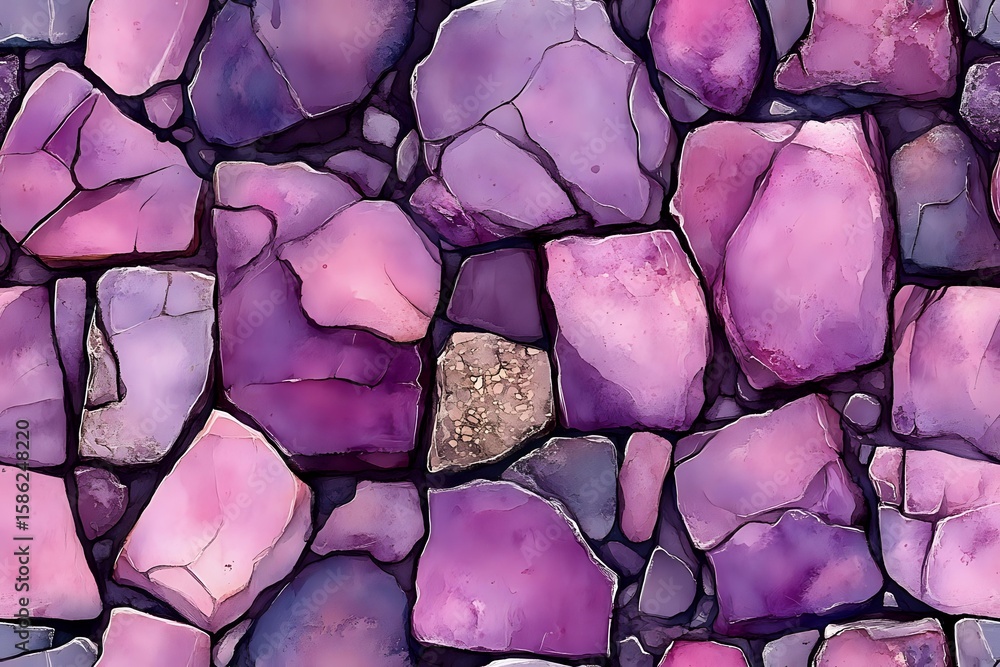 Poster purple and pink stone wall texture with irregular shaped rocks creating natural mosaic pattern. deco