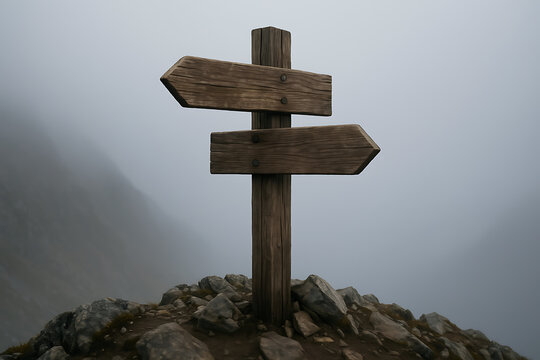 Old wooden direction signpost with two arrows on foggy mountain trail creating concept of decision crossroads and travel choice during moody misty adventure hike