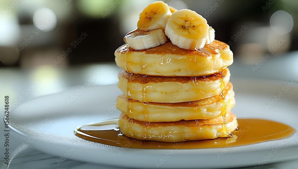 Poster stack of fluffy golden pancakes topped with fresh banana slices and drizzled with maple syrup on whi