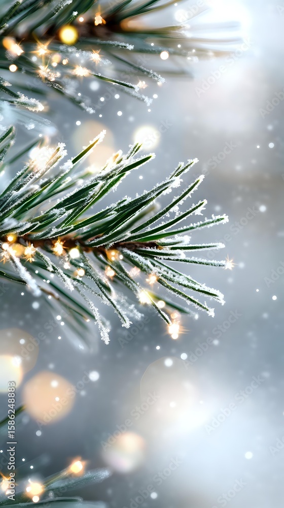 Poster frosty pine needles with sparkling lights and falling snow create magical winter atmosphere. soft bo
