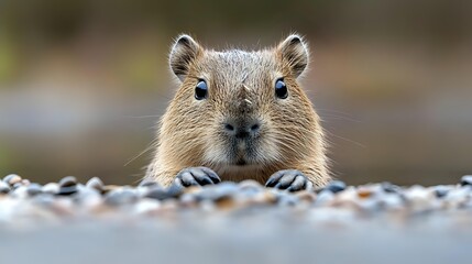 Curious capybara peeking over edge with paws visible, close-up portrait showing fuzzy fur and bright eyes against blurred natural background.