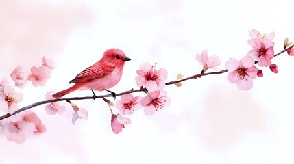 Red songbird perched on blooming cherry blossom branch against soft pink background, creating serene spring nature composition with delicate petals.