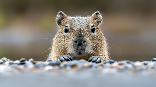 Curious capybara peeking over edge with paws visible, close-up portrait showing fuzzy fur and bright eyes against blurred natural background.