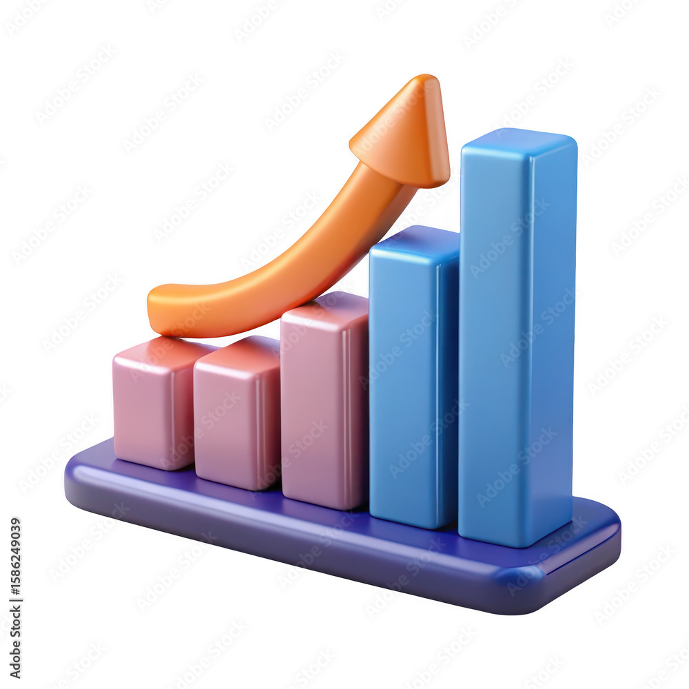 Poster 3d rendering of a growing bar chart with an upward trending orange arrow isolated on transparent bac