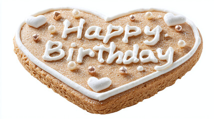 Heart-shaped cookie with "Happy B-Day" icing and sugar pearls, transparent background