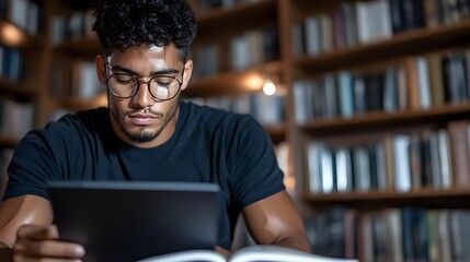Young African American male student wearing glasses studying with digital tablet in library, illuminated by warm lighting against blurred bookshelf background.