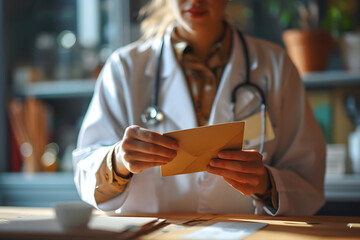 Medical professional examines a letter in an office setting during daylight hours