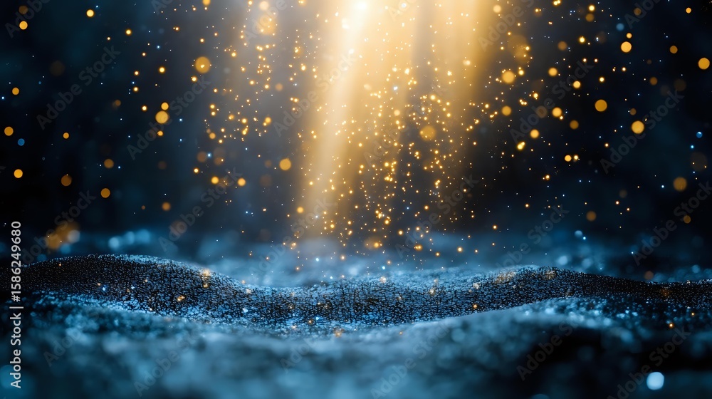 Aufkleber magical golden light rays shine through dark space with glowing particles and blue sparkles floating