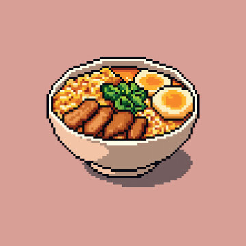 Vector pixel art illustration of a classic Japanese ramen bowl in a retro 16-bit style. The dish features noodles, sliced meat, soft-boiled eggs, green onions, and rich broth, all in a white bowl