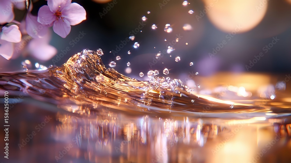 Aufkleber pink cherry blossom floating on rippling water surface with splashing droplets and golden sunlight c