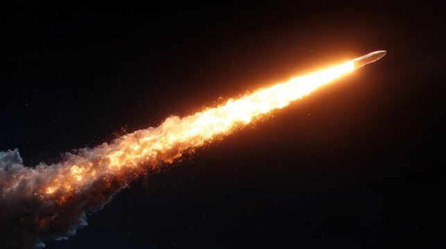Digital rendering of rocket missile launch with fiery propulsion trail over black space backdrop