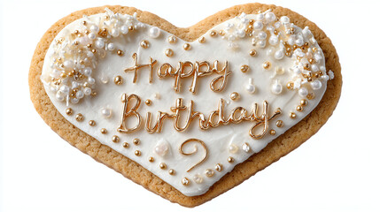 Heart-shaped cookie with "Happy B-Day" icing and sugar pearls, transparent background