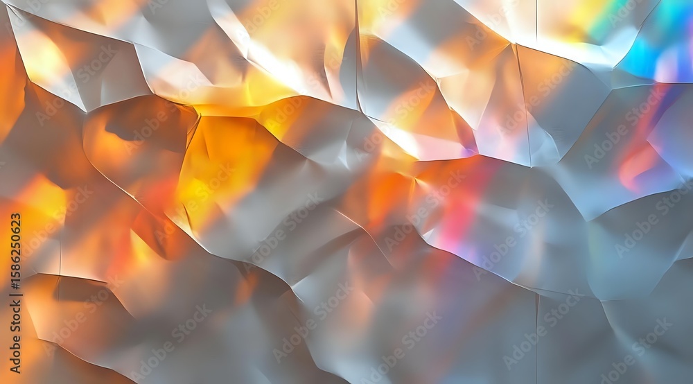 Poster shimmering metallic polygonal surface with orange and rainbow light reflections creating dynamic abs