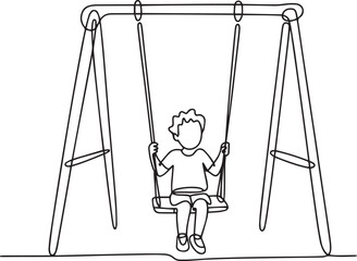 Continuous line art drawing of happy child playing on swing in park, minimalist outdoor fun vector illustration

